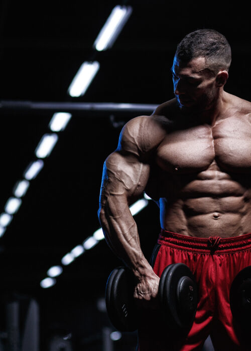 Muscular guy in red shorts holding dumbells